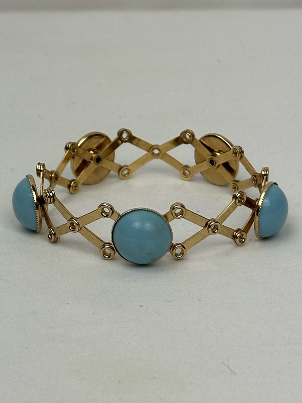 Gold Tone Bracelet Transformer Ring with Blue Cabochon Stones